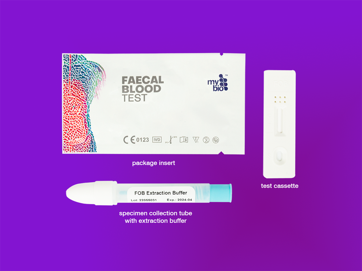 MyBio Faecal Blood Easy to Use At Home Self Test - box contents